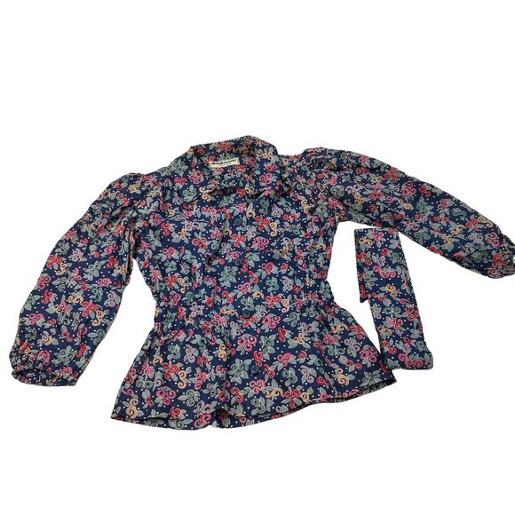 SAINT LAURENT Rive Gauche Vintage Womens Size 36 Blue Floral Button Blouse Bow - Picture 9 of 13